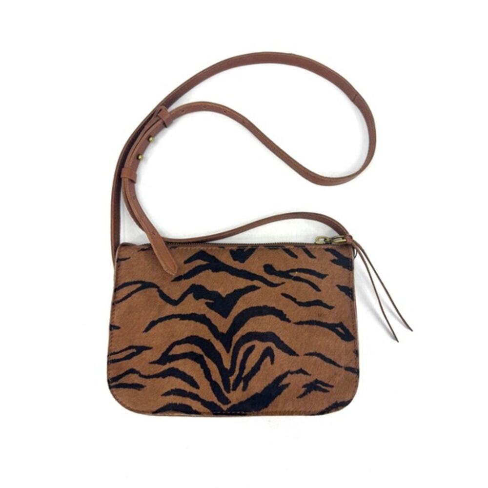 Madewell Tiger Print Calf Hair Crossbody Bag Brown Black Leather Strap Zip Top